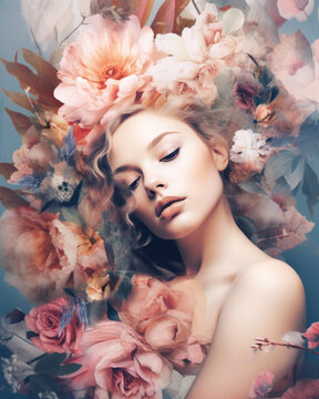 Dreamy fashion beauty portrait of woman with makeup and flowers. Generative AI