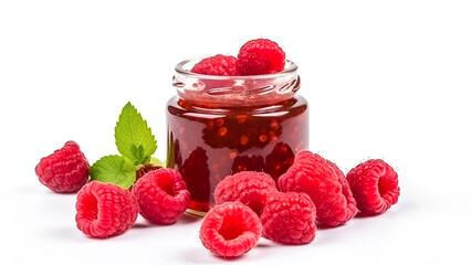 A jar of raspberry jam and fresh raspberry on a white isolated background. Generative AI.