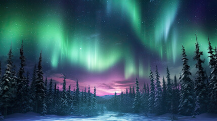 winter landscape with mountains and a lake with aurora by AI