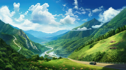 Fototapeta na wymiar swiss mountains landscape view clouds road by AI