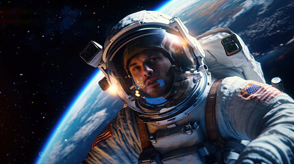 Astronaut flying at space with planets by AI 