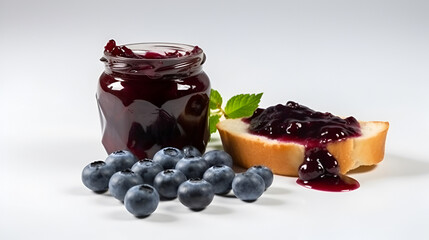 A jar of blueberry jam and fresh blueberry and toast on a white isolated background. Generative AI. - obrazy, fototapety, plakaty