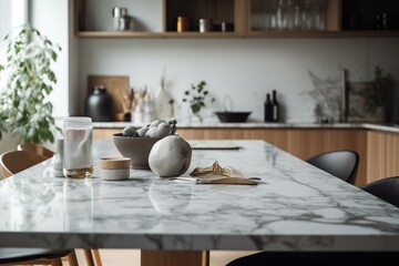 Obraz na płótnie Canvas Space on marble table over minimalist kitchen with blurred background of dining table. Generative AI