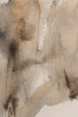 Beige, gold, brown ink and watercolor smoke flow stain blot on wet paper grain texture background.