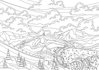 Great chinese wall landscape with watchtowers and wall sections on background of hills and mountains for travel or tourism in coloring style. Chinese prominent sight  illustration
