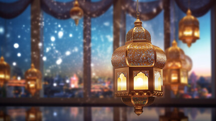 Obraz premium Photo Islamic Mosque in the evening with sunlight background