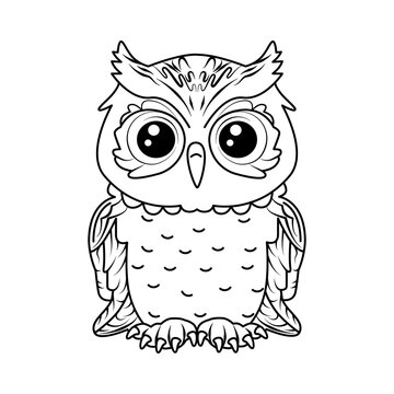Owl. Coloring Book. Nightbird. Linear, outline cartoon drawing for young children. For web design and printing. 