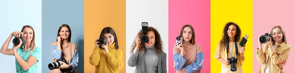Collage with female photographers on color background