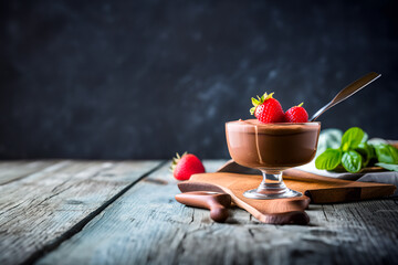 Vegan Chocolate Mousse with strawberries. Generative AI