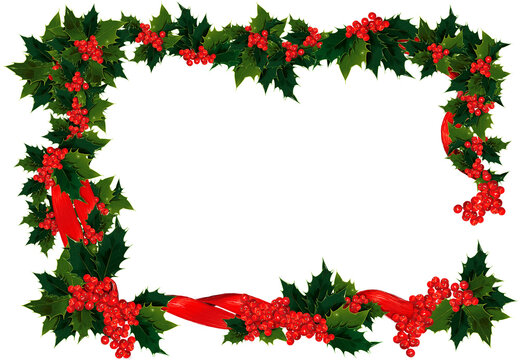 Illustation of red ribbon, holly leaves and berries in a frame