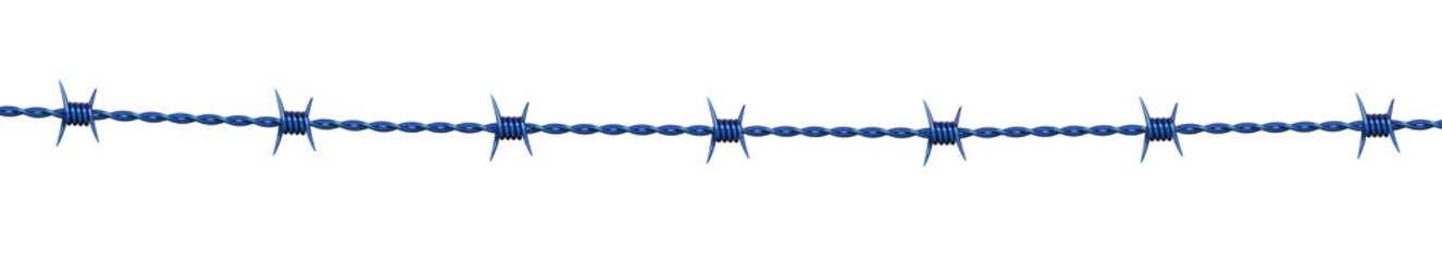 Blue Metal steel barbed wire with thorns or spikes realistic, 3D render.