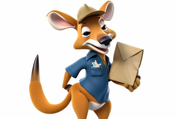 Captivating kangaroo mascot postman unleashes emotions, delivering messages with a heartwarming touch on a clean white background. Stand out with this unique and lovable imagery! Generative AI