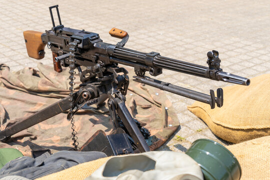 Soviet NSV heavy machine gun with sandbags