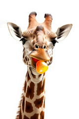Funny curious giraffe eats lollipop on white background. Generative AI. High quality illustration