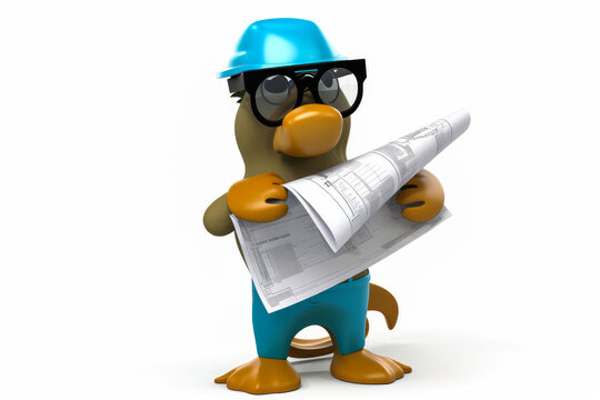 Captivating ornithorynque mascot, styled as an inventor with safety goggles and holding a blueprint on a clean white background, sparks emotional connection. Generative AI