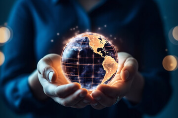New age people. Businessman hands holding blue earth. Global networking connection including business, finance, shopping online and social media, technology, communication concept. AI Generative