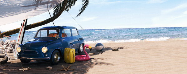 Cute blue retro car with summer accessories and palm tree on beautiful tropical sand beach. Summer vacation concept. 3D Rendering, 3D Illustration