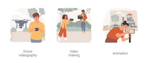 Digital hobby isolated cartoon vector illustration set. Drone videography, using remote controller, video making, filming with professional camera, create animation with smartphone vector cartoon.