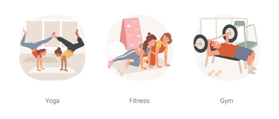 Fototapeta premium Teen fitness isolated cartoon vector illustration set. Teenager staying fit, young girls doing yoga at studio, teenage fitness training, guy lifting weight in gym, bodybuilding vector cartoon.