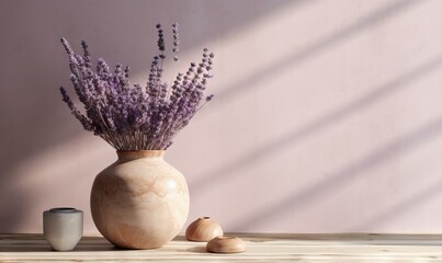  a vase filled with lavender flowers next to a small cup of coffee on a wooden table next to a pink wall and a white vase with a few lavender flowers.  generative ai