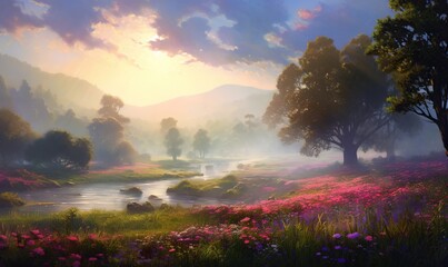  a painting of a beautiful landscape with flowers and trees in the foreground and a river running through the middle of the picture, with a sun shining through the clouds.  generative ai