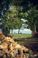 Beautiful view of a park with benches in a mountainous landscape