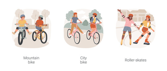 Urban riding isolated cartoon vector illustration set. Teenage boys riding mountain bicycles in park, girls on cycling city bikes, teen roller skating, spending leisure time outdoor vector cartoon.