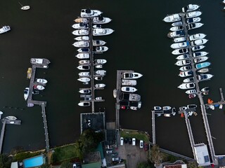 Aerial top view of boats in harbor on the tranquil Hawkesbury River in Brooklyn, Sydney