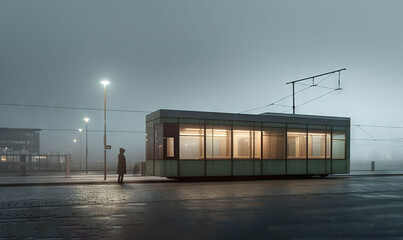  a person standing outside of a building on a foggy day with a street light in the background and a person standing in front of the building.  generative ai