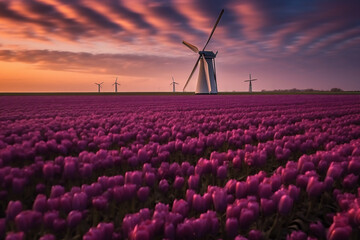 Wind turbines on a Traditional Netherlands Holland dutch scenery along a canal and tulips, Netherlands. AI Generative