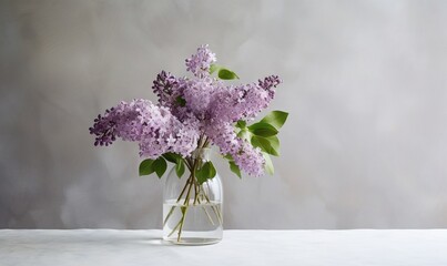  a vase filled with purple flowers on top of a white counter top next to a gray wall and a gray wall behind it is a gray wall.  generative ai