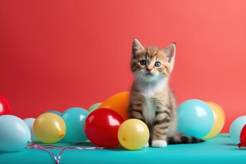 kitten with colorful balloons on a party background. banner. copy space for text.children party.surprise. Happy birthday. AI generated