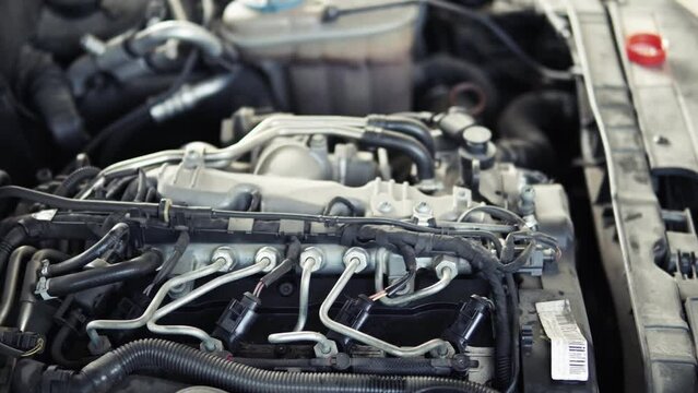 Close up of a powerful engine of the modern sports car, under the hood view
