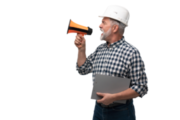 Builder shouts into megaphone. Mature man builder is holding megaphone. Blank for your building advertising. Copy space on gray. Message from construction company concept