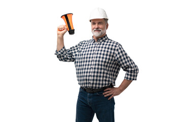 Builder shouts into megaphone. Mature man builder is holding megaphone. Blank for your building advertising. Copy space on gray. Message from construction company concept