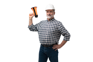 Builder shouts into megaphone. Mature man builder is holding megaphone. Blank for your building advertising. Copy space on gray. Message from construction company concept