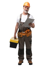 portrait of mature happy handyman isolated on transparent background