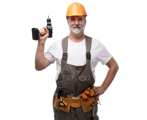 portrait of mature happy handyman isolated on transparent background