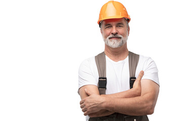 portrait of mature happy handyman isolated on transparent background - 612510845