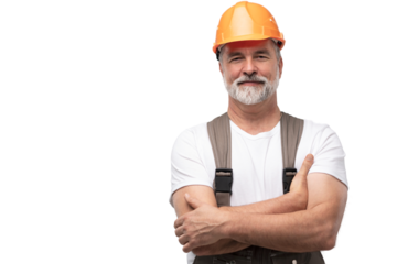 portrait of mature happy handyman isolated on transparent background