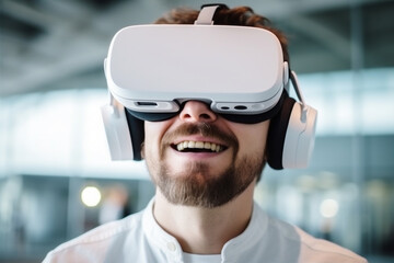 Senior man wearing Virtual Reality VR Headset. Entertainment and people concept. Man play game in VR glasses. High quality photo