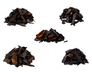 Burnt wood chips isolated on transparent background. Png, ai.