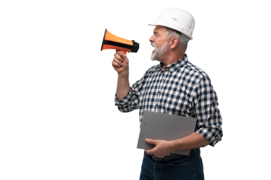 Builder shouts into megaphone. Mature man builder is holding megaphone. Blank for your building advertising. Copy space on gray. Message from construction company concept - Powered by Adobe