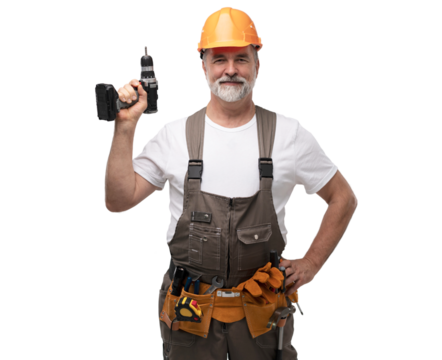 portrait of mature happy handyman isolated on transparent background