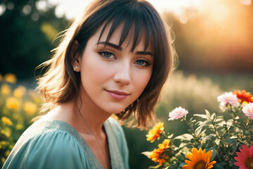 Naklejka premium Portrait of a woman with bouquet of flowers in a garden. Generative AI.
