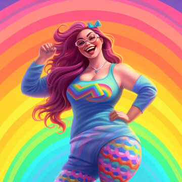 Colorful Body Positive Happy Plus Size Girl Illustration, Lipedema Legs, Generative AI