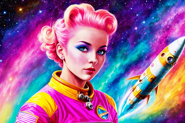 Fototapeta premium Portrait of a beautiful woman as an astronaut, space theme in the retro futurism style of the 60s. Generative AI.