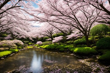 Sakura blossoms in japanese style ornamental garden, beautiful landscape. Generative AI.