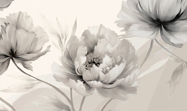  a black and white photo of flowers on a white background with a black and white photo of flowers on the right side of the frame.  generative ai