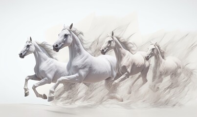  a group of white horses running in a line on a white background with a blurry background behind them and a white background behind them.  generative ai